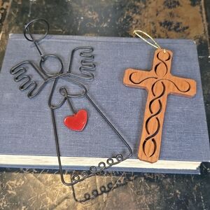 Set of 2 Religious Ornaments: Wooden Celtic Cross & Wire Angel with Red Heart